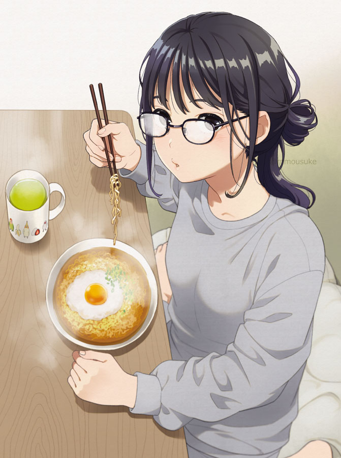 1girl bangs barefoot black-framed_eyewear black_hair breasts chopsticks collarbone cup egg eyebrows_behind_hair food glasses grey_shirt holding holding_chopsticks long_hair long_sleeves looking_at_viewer mattaku_mousuke mug noodles original parted_lips shirt sitting small_breasts solo table twitter_username wariza