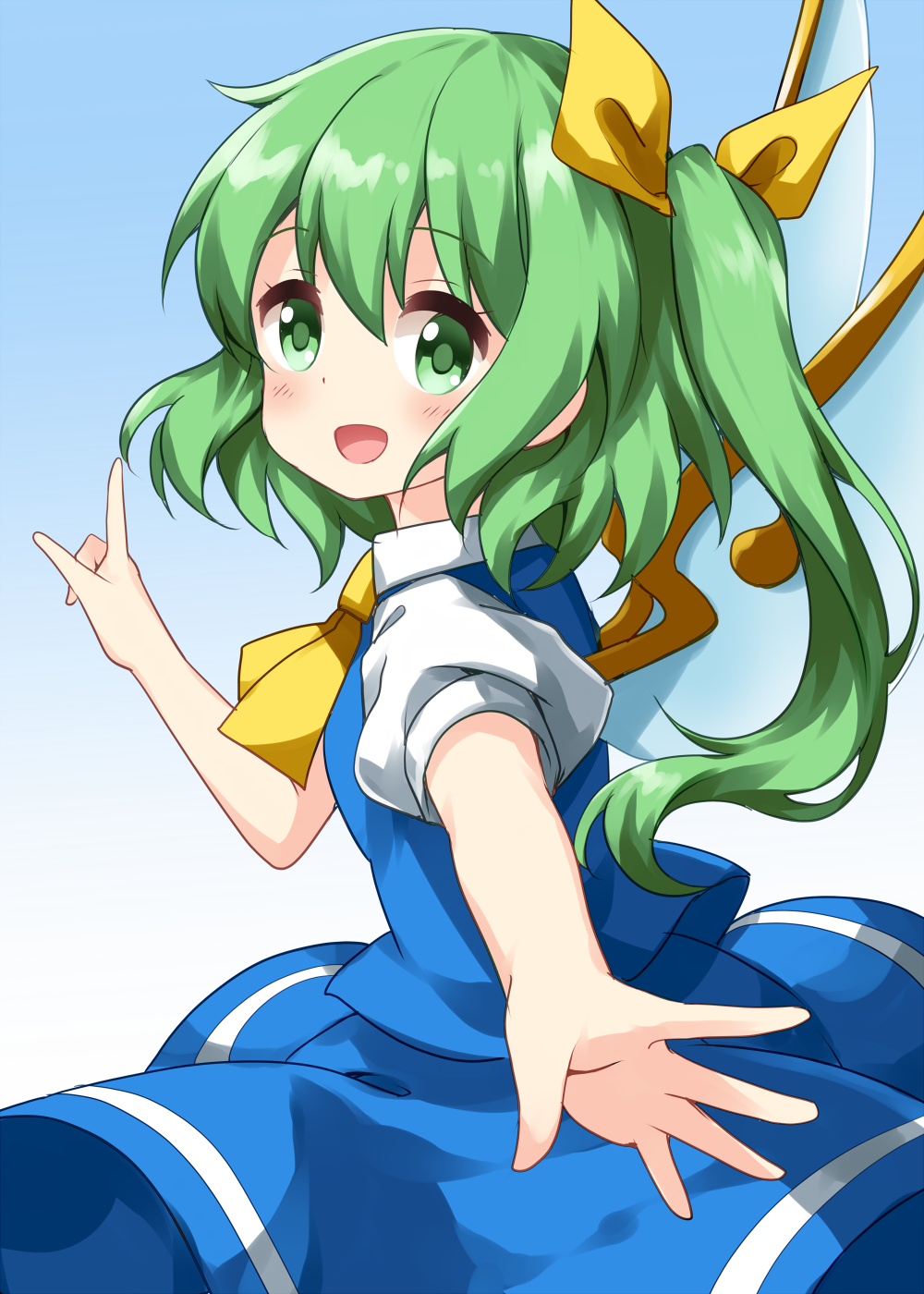 1girl ascot bangs blue_background blue_dress collared_shirt daiyousei dress eyebrows_visible_through_hair fairy_wings from_side gradient gradient_background green_eyes green_hair hair_ribbon highres looking_at_viewer medium_hair open_mouth pointing puffy_short_sleeves puffy_sleeves ribbon ruu_(tksymkw) shirt short_sleeves side_ponytail smile solo standing touhou white_shirt wings yellow_neckwear yellow_ribbon