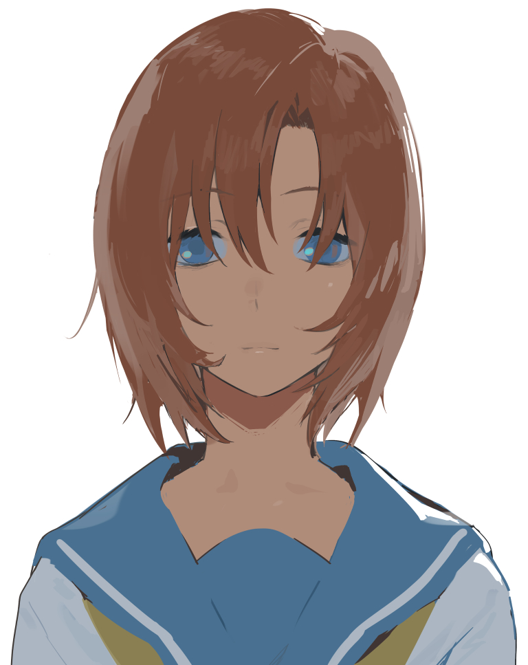 1girl blue_eyes blue_sclera brown_hair closed_mouth eyebrows_visible_through_hair hair_between_eyes higurashi_no_naku_koro_ni iku_(ikuchan_kaoru) ryuuguu_rena short_hair simple_background solo upper_body washing_back