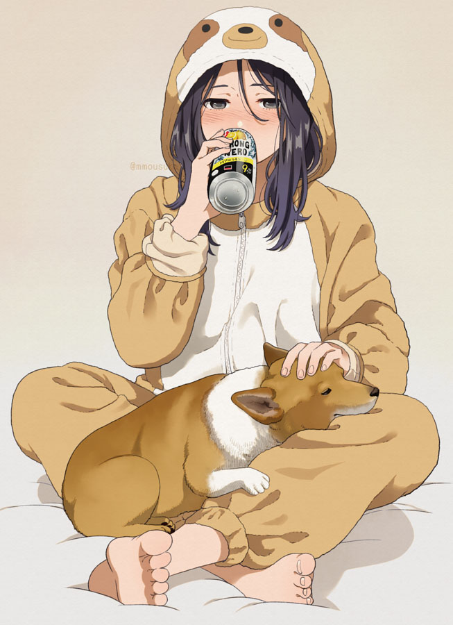 1girl alcohol animal barefoot beer_can black_hair blush can crossed_legs dog drinking drunk feet formal full_body gradient gradient_background grey_background grey_eyes holding holding_can hood hood_up long_sleeves mattaku_mousuke original pajamas signature simple_background sitting strong_zero suit toes twitter_username watermark welsh_corgi zipper_pull_tab