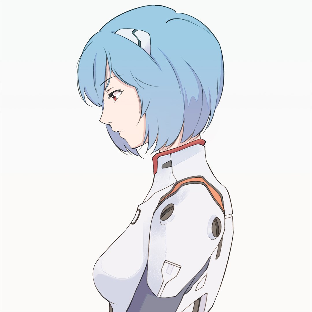 1girl ayanami_rei blue_hair bodysuit breasts closed_mouth english_commentary hair_ornament miura-n315 neon_genesis_evangelion plugsuit red_eyes short_hair simple_background solo white_bodysuit