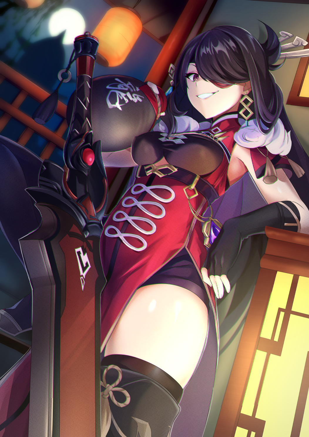 1girl bangs beidou_(genshin_impact) black_gloves black_hair black_legwear breasts brown_eyes china_dress chinese_clothes dress eyepatch fingerless_gloves full_moon fur_trim genshin_impact gesugesu_ahoaho gloves gourd grin highres lantern long_hair looking_at_viewer moon smile solo sword thigh-highs weapon