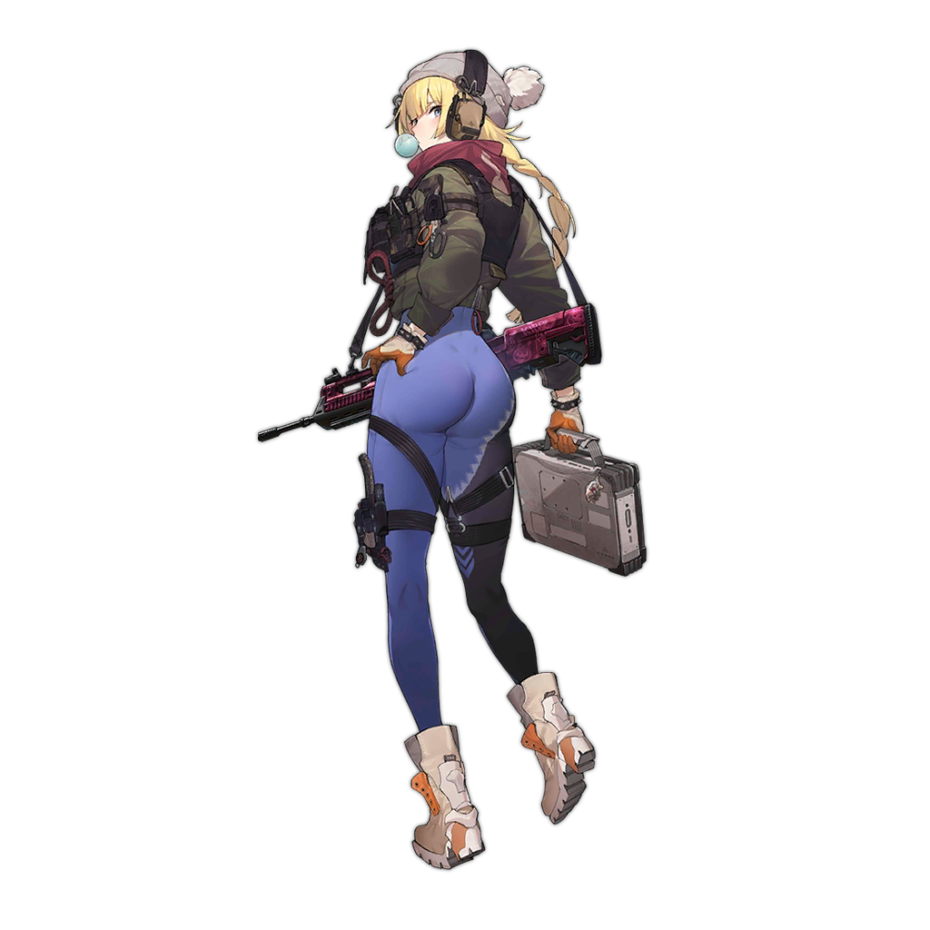 1girl ass assault_rifle beanie blonde_hair blue_eyes blue_legwear bodysuit bodysuit_under_clothes boots braid briefcase bubble_blowing bullpup chewing_gum dimples_of_venus from_behind full_body gebijiade_89 girls_frontline gloves gun hand_on_hip hat headphones holster jacket leggings long_hair looking_back official_alternate_costume official_art orange_gloves rifle single_braid solo standing thigh_holster transparent_background vest vhs-d2 vhs_(girls_frontline) weapon