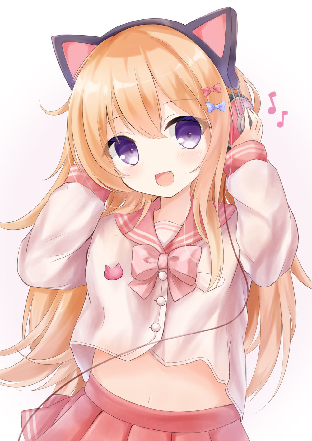 1girl :d animal_ears bangs blonde_hair blouse blue_bow blush bow cat_ears crop_top eyebrows_visible_through_hair fake_animal_ears fang hair_bow hands_on_headphones headphones highres kata_rosu long_hair long_sleeves looking_at_viewer miniskirt monochrome_background musical_note navel open_mouth original pink_blouse pink_skirt pleated_skirt red_bow sailor_collar simple_background skirt smile solo violet_eyes white_background