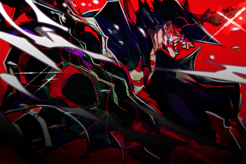 1boy blood cu_chulainn_(fate)_(all) cu_chulainn_alter_(fate/grand_order) curruid_coinchenn dark_persona earrings fate/grand_order fate_(series) from_side horns jewelry male_focus monster_boy open_mouth red_background sharp_teeth shirakichi single_horn solo teeth transformation type-moon