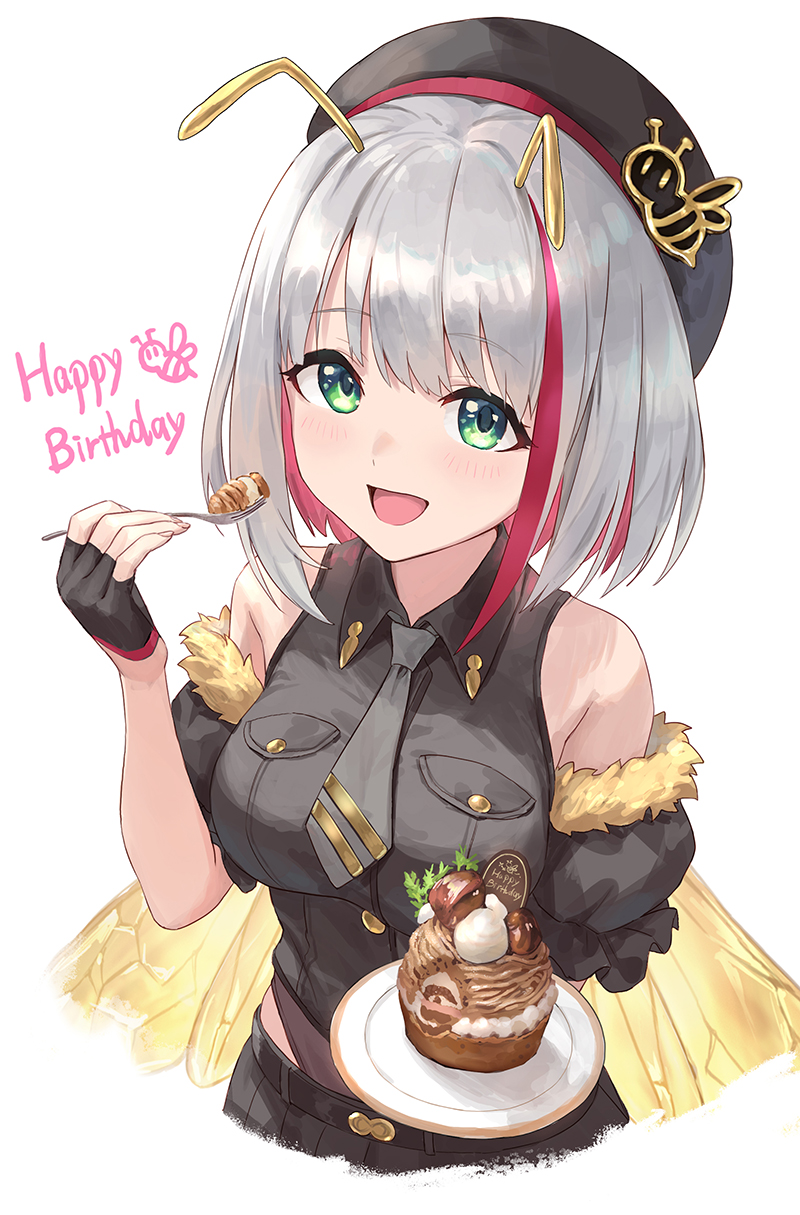 1girl :d antennae bare_shoulders black_gloves black_headwear black_skirt bob_cut colored_inner_hair detached_sleeves english_text fingerless_gloves fork gloves green_eyes grey_neckwear guchico hand_up happy_birthday hat highres holding holding_fork indie_virtual_youtuber insect_wings looking_at_viewer medium_hair mitsuzaki_aya_(character) multicolored_hair necktie official_art open_mouth pleated_skirt puffy_detached_sleeves puffy_short_sleeves puffy_sleeves short_sleeves simple_background skirt smile solo white_background wings