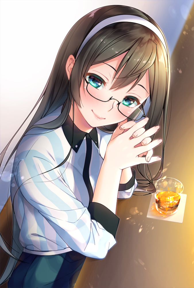 1girl alcohol alternate_costume bangs black_hair blue_eyes cup drinking_glass glasses hairband imachireki interlocked_fingers kantai_collection lips long_hair looking_at_viewer ooyodo_(kantai_collection) sake shirt sitting smile solo striped striped_shirt upper_body vertical_stripes white_hairband