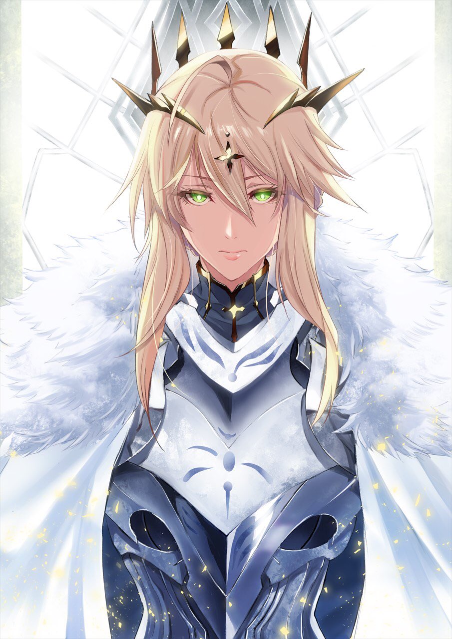 1girl armor artoria_pendragon_(all) artoria_pendragon_(lancer) blonde_hair breastplate cape cloak cross cross_hair_ornament crown expressionless fate/grand_order fate_(series) fur_collar fur_trim green_eyes hair_between_eyes hair_ornament highres kawabata_yoshihiro lips looking_at_viewer serious sidelocks solo tied_hair upper_body white_cape