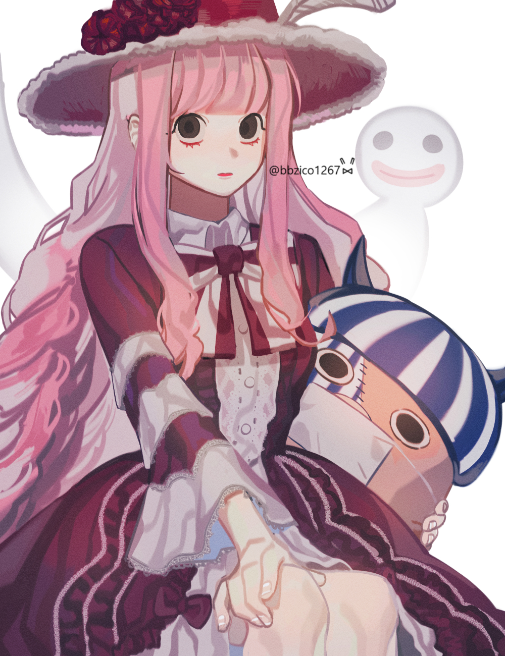 1girl bangs bbzico1267 black_eyes blunt_bangs breasts dress flower frilled_dress frills ghost hat hat_feather hat_flower highres kumacy long_hair one_piece perona pink_hair solo stuffed_animal stuffed_toy twitter_username white_background