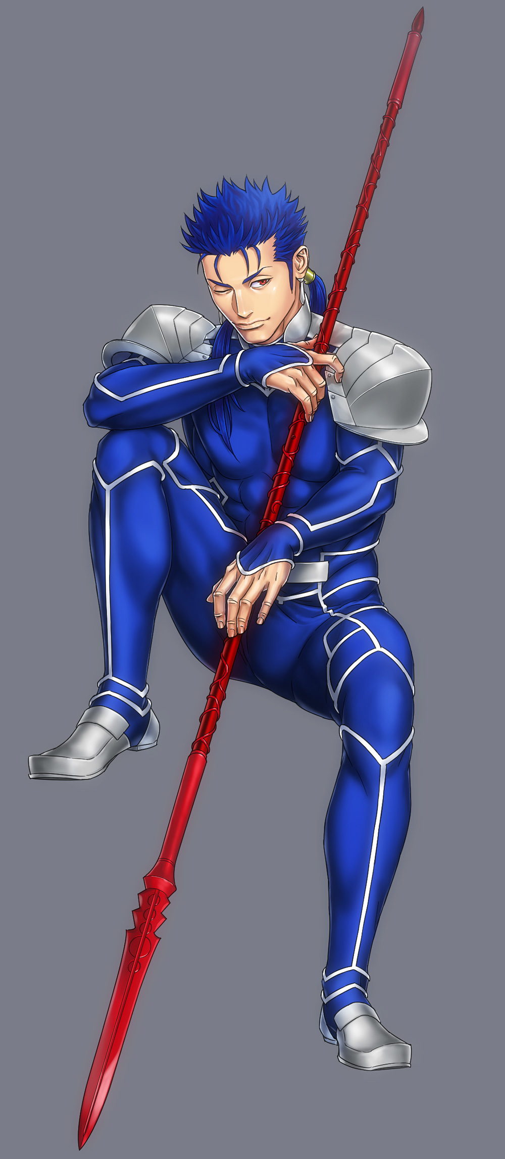 1boy armor beads blue_hair bodysuit bulge claptrack closed_mouth cu_chulainn_(fate)_(all) earrings fate/stay_night fate_(series) full_body gae_bolg grey_background grin hair_beads hair_ornament highres holding holding_polearm holding_weapon jewelry knee_up lancer long_hair looking_to_the_side male_focus muscle one_eye_closed pauldrons polearm ponytail red_eyes shoulder_armor simple_background skin_tight smile solo spiky_hair type-moon weapon