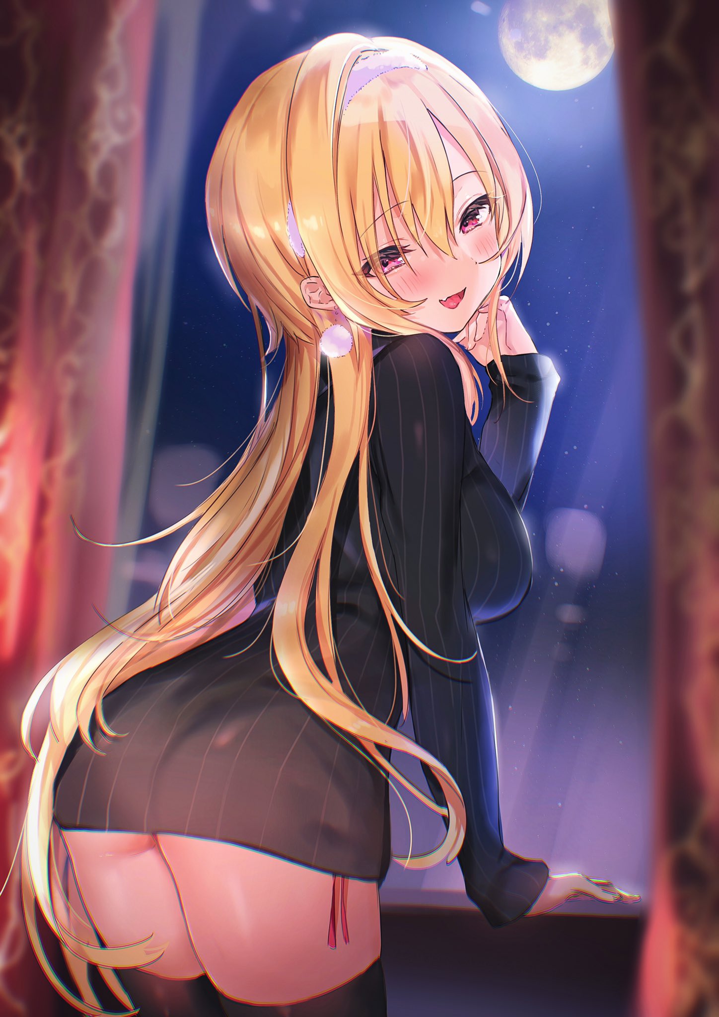 1girl ass bangs black_legwear blonde_hair blunt_bangs blush fang hairband highres idol idolmaster idolmaster_cinderella_girls idolmaster_cinderella_girls_starlight_stage kurosaki_chitose looking_at_viewer looking_back nekoremon panties side-tie_panties smile thigh-highs underwear zettai_ryouiki