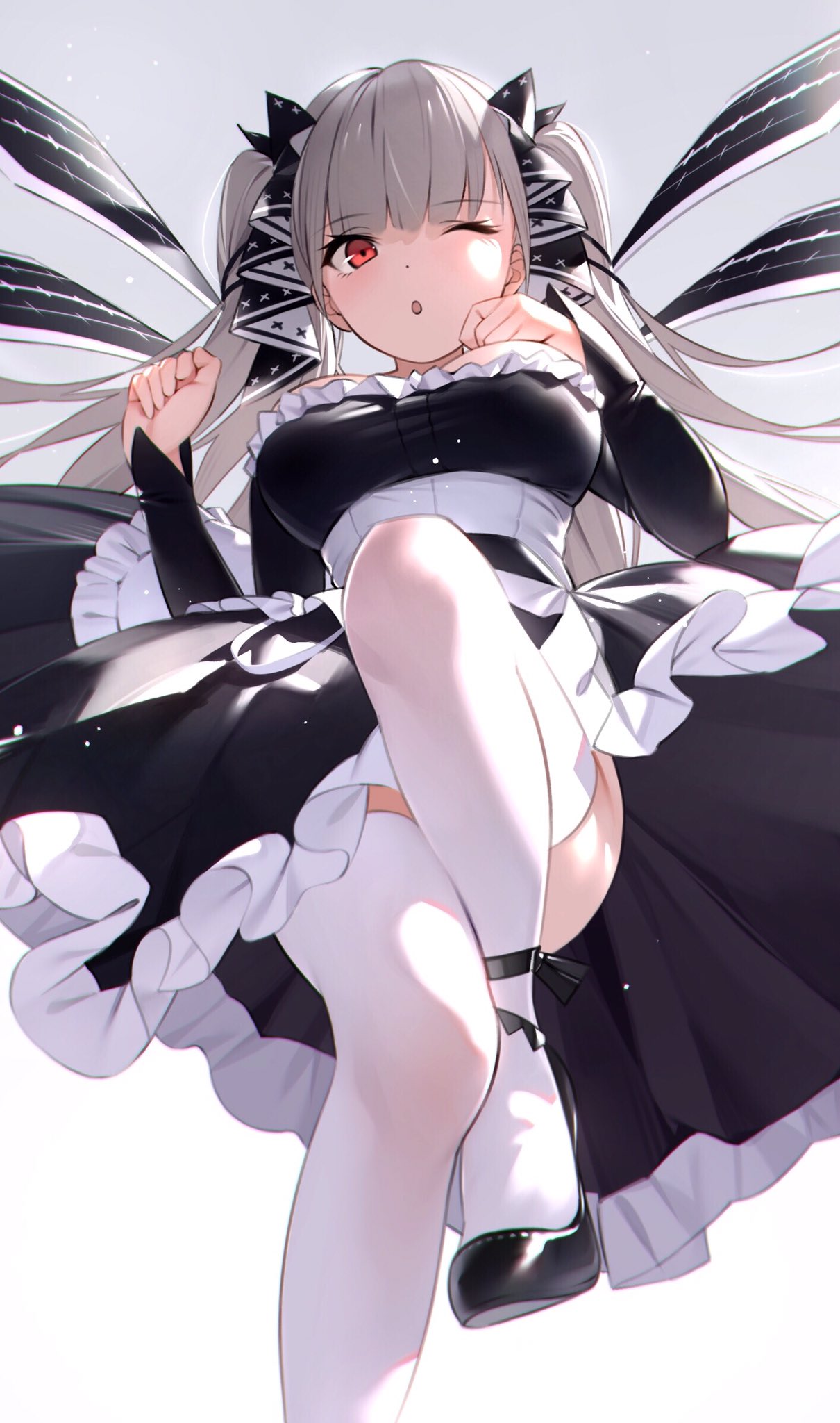 1girl azur_lane breasts commentary_request eyebrows_visible_through_hair formidable_(azur_lane) grey_background grey_hair high_heels highres long_hair long_sleeves maid medium_breasts one_eye_closed red_eyes simple_background solo thigh-highs to_gemichi twintails