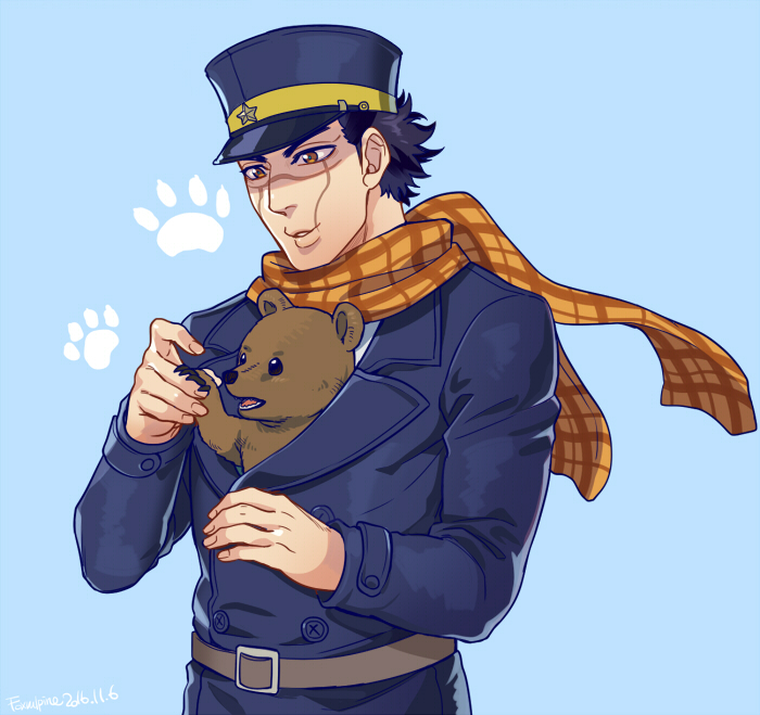 1boy animal animal_in_clothes bear black_hair blue_jacket brown_eyes brown_fur buttons fingernails foxvulpine golden_kamuy hat imperial_japanese_army jacket kepi lips long_sleeves male_focus military military_hat military_uniform paws scar scar_on_cheek scar_on_face scar_on_mouth scar_on_nose scarf sharp_fingernails short_hair simple_background solo sugimoto_saichi uniform upper_body yellow_scarf