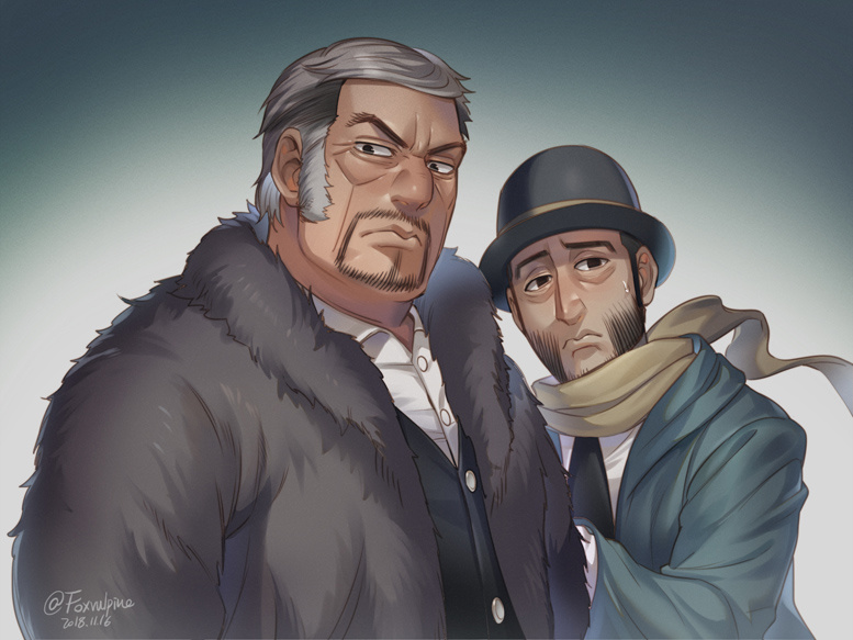 2boys beard black_eyes black_hair black_vest character_request couple expressionless facial_hair foxvulpine fur_jacket golden_kamuy grey_hair hat holding_another's_arm male_focus multiple_boys necktie old_man shirt sideburns simple_background stubble sweatdrop upper_body vest white_shirt