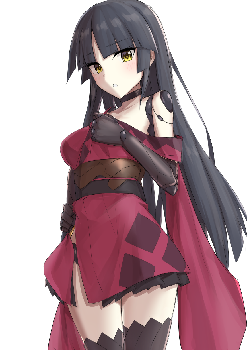 1girl android bangs bare_shoulders black_hair blush breasts elfenlied22 fate/grand_order fate_(series) highres japanese_clothes joints katou_danzou_(fate/grand_order) kimono large_breasts long_hair long_sleeves looking_at_viewer mechanical_arm off_shoulder open_mouth red_kimono robot_joints sash simple_background thighs white_background wide_sleeves yellow_eyes