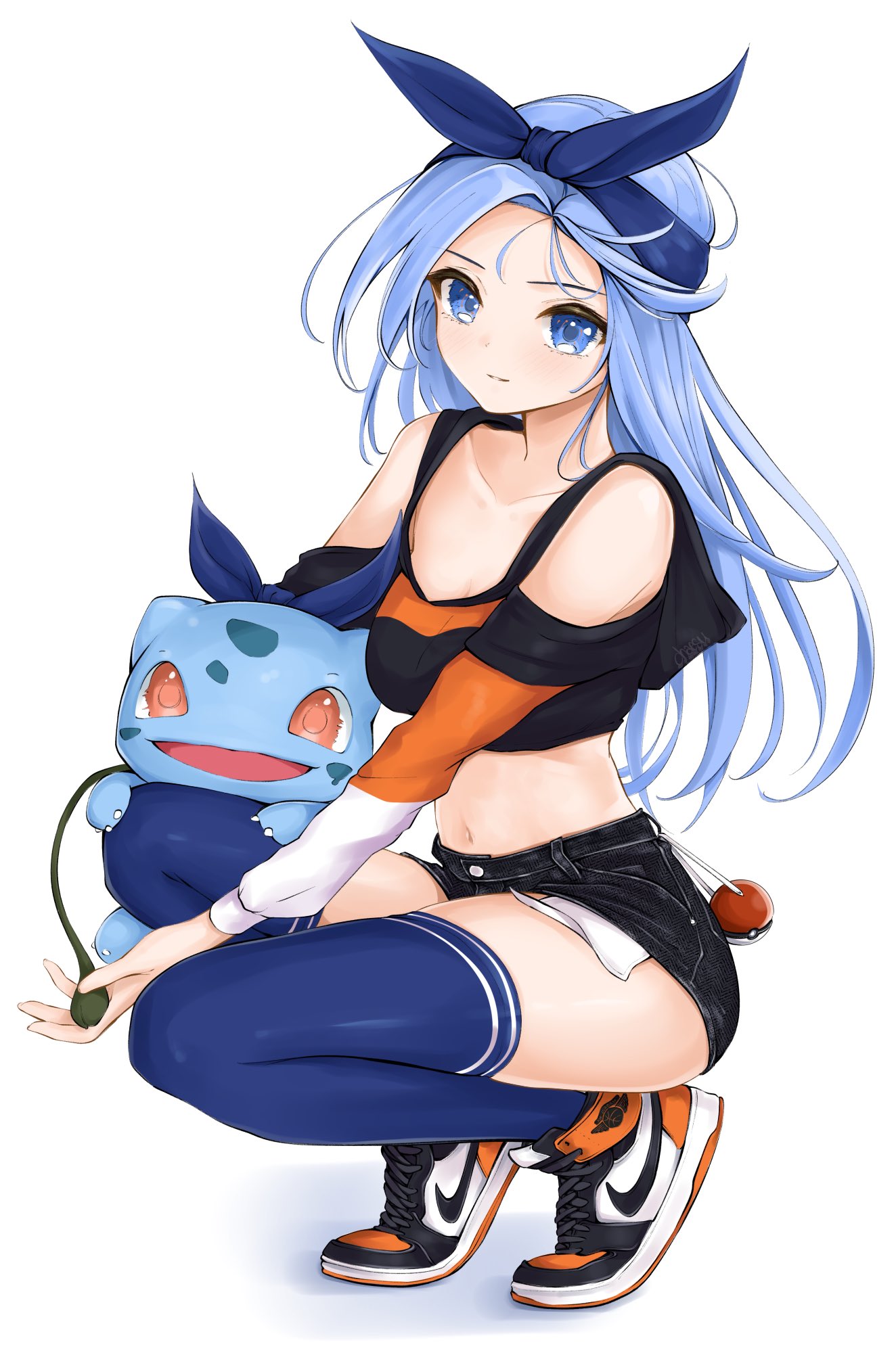 1girl alternate_color bare_shoulders black_shirt black_shorts blue_eyes blue_hair blue_legwear blue_theme breasts bulbasaur chaesu clothing_cutout collarbone crop_top denim denim_shorts exposed_pocket gen_1_pokemon hair_ribbon highres hood hood_down hooded_shirt long_hair long_sleeves looking_at_viewer medium_breasts midriff minah_(chaesu) navel nike original pokemon ribbon shirt shoes short_shorts shorts shoulder_cutout simple_background sneakers solo squatting starter_pokemon stomach thigh-highs thighs white_background