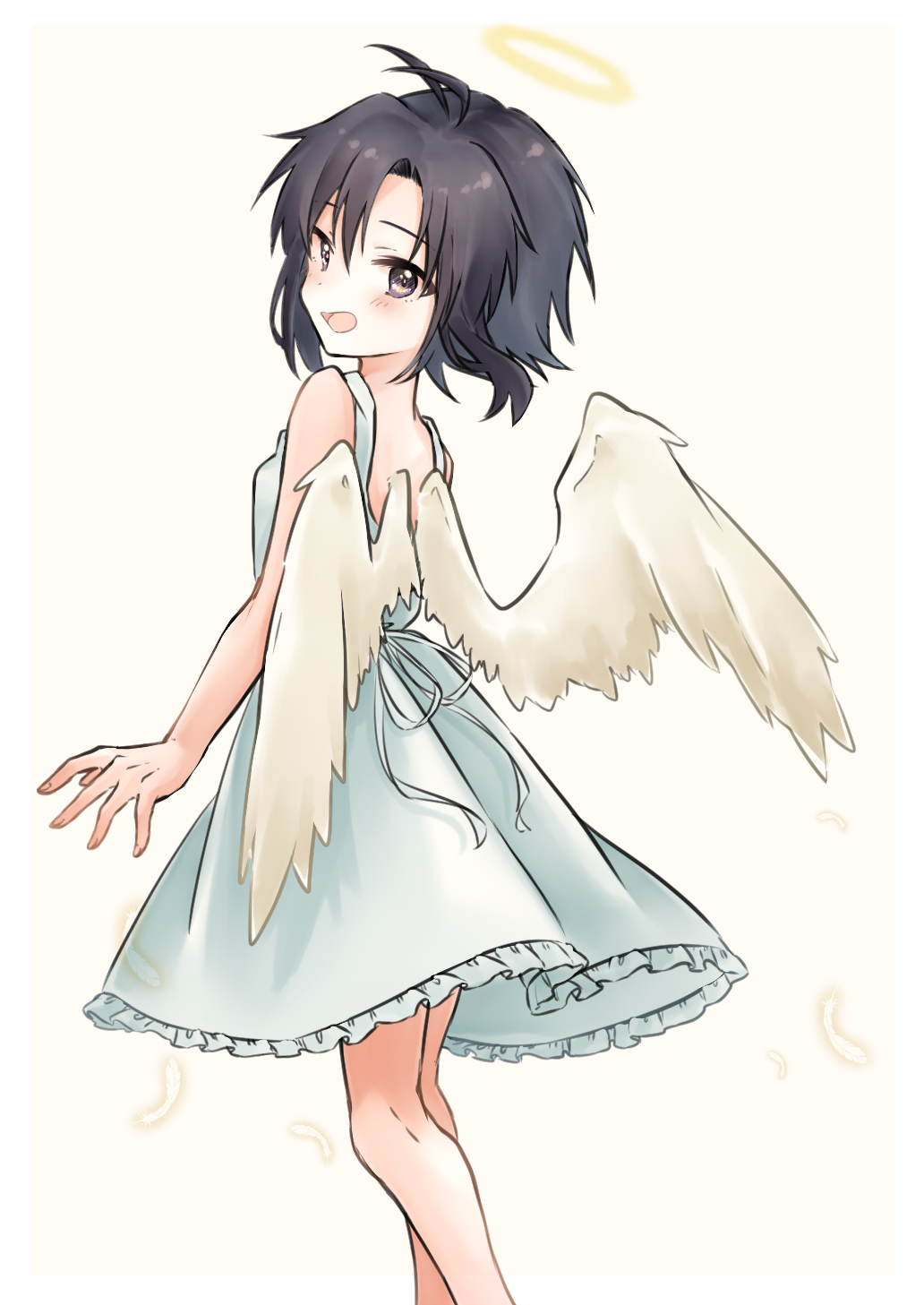 1girl :d angel angel_wings antenna_hair ayuko_ammobium bangs bare_back black_hair blush brown_eyes dress feathers feet_out_of_frame frilled_dress frills halo highres idolmaster idolmaster_(classic) kikuchi_makoto looking_at_viewer looking_back looking_to_the_side open_mouth short_hair sleeveless sleeveless_dress smile solo sundress white_background white_feathers white_wings wings
