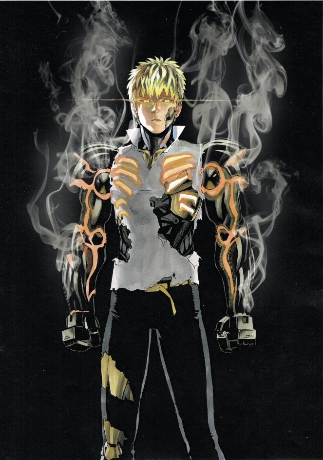 1boy android black_background black_sclera blonde_hair clenched_teeth closed_mouth earrings genos glowing glowing_eyes jewelry looking_at_viewer male_focus mechanical_arms murata_yuusuke official_art one-punch_man pants popped_collar robot shirt short_hair smoke solo standing steaming_body teeth torn_clothes torn_pants torn_shirt white_shirt yellow_eyes