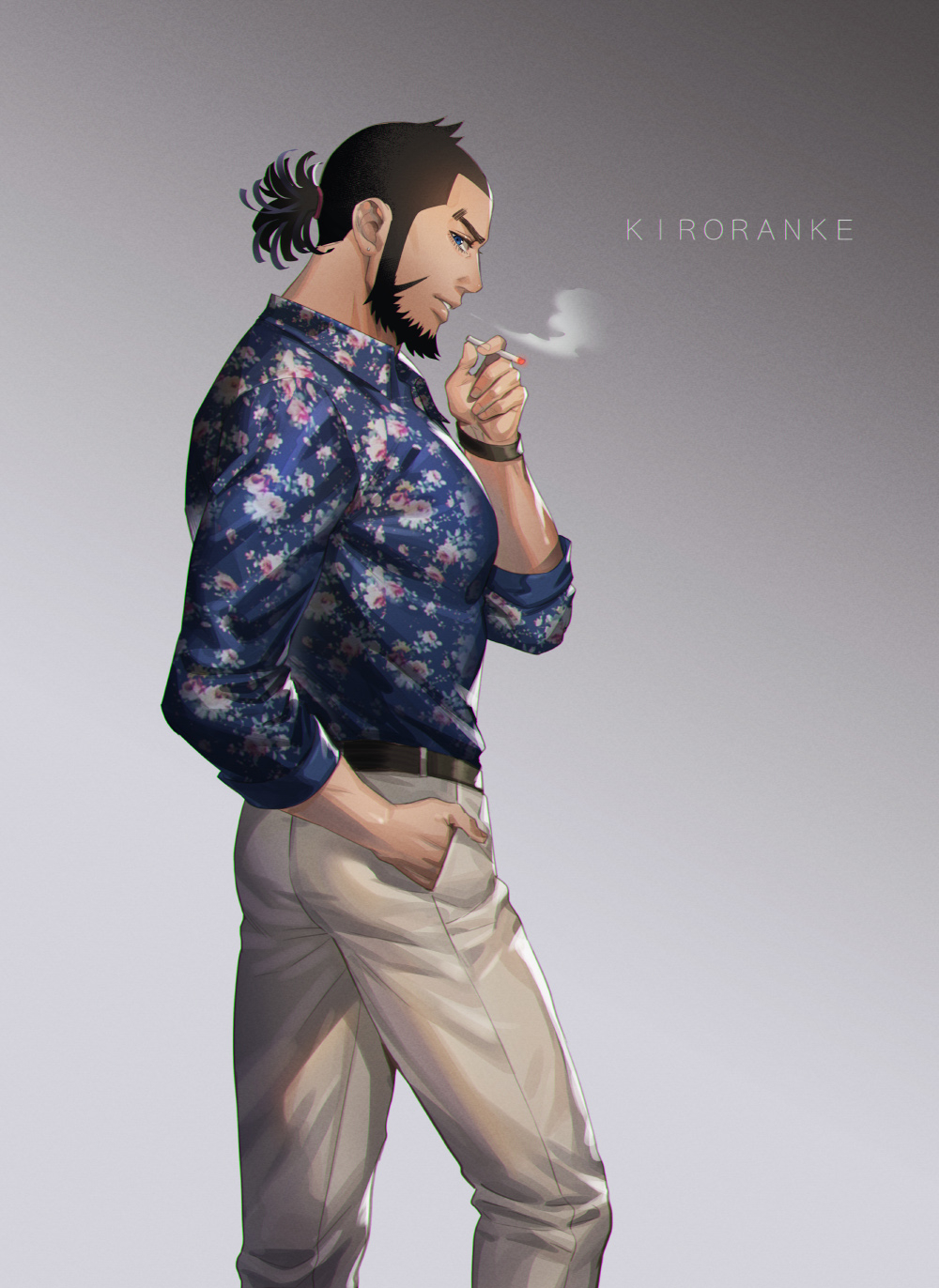 1boy alternate_costume beard black_hair blue_eyes blue_shirt casual character_name cigarette collared_shirt contrapposto english_text facial_hair feet_out_of_frame foxvulpine from_side golden_kamuy highres kiroranke male_focus pants shirt smoke smoking solo white_pants