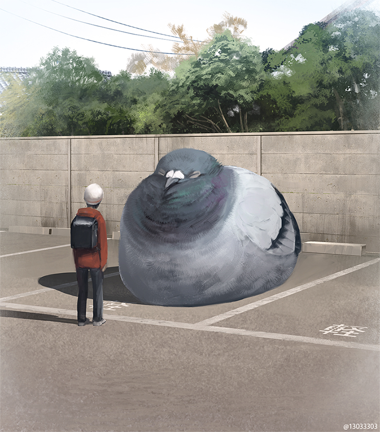 1boy arizuka_(13033303) backpack bag bird commentary_request day from_behind original outdoors parking_lot pigeon power_lines sleeping standing tree twitter_username