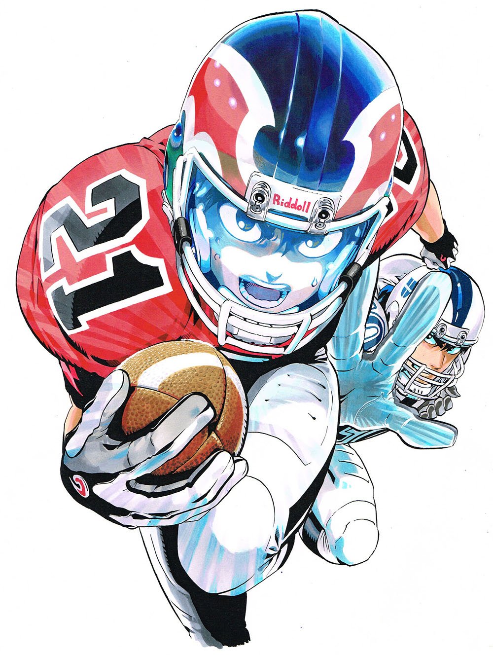 2boys ball clenched_hand eyeshield_21 football football_(object) football_helmet football_uniform gloves helmet highres holding holding_ball kobayakawa_sena looking_at_viewer multiple_boys murata_yuusuke official_art open_mouth reaching_out running scan shoulder_pads simple_background sportswear sweat traditional_media white_background