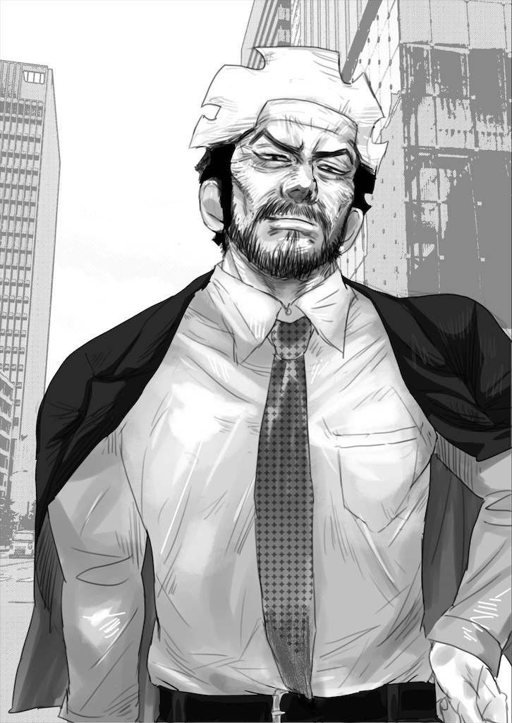 1boy arm_at_side beard belt black_hair city contemporary day facial_hair golden_kamuy izurunet jacket jacket_on_shoulders long_sleeves looking_at_viewer male_focus monochrome multicolored_hair necktie nihei_tetsuzou outdoors pocket scar_on_forehead shirt two-tone_hair white_hair white_shirt