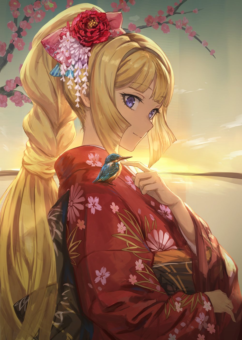 1girl animal animal_on_shoulder bangs bird bird_on_shoulder blonde_hair blunt_bangs bow braid branch chinese_zodiac closed_mouth english_text eyebrows_visible_through_hair eyelashes floral_print flower from_side guchico gundam gundam_tekketsu_no_orphans hair_bow hair_flower hair_ornament highres japanese_clothes kanzashi kimono kingfisher kudelia_aina_bernstein long_hair long_sleeves new_year obi outdoors photoshop_(medium) ponytail print_kimono red_flower red_kimono sash single_braid sky striped sunrise upper_body very_long_hair violet_eyes wide_sleeves year_of_the_rooster yukata