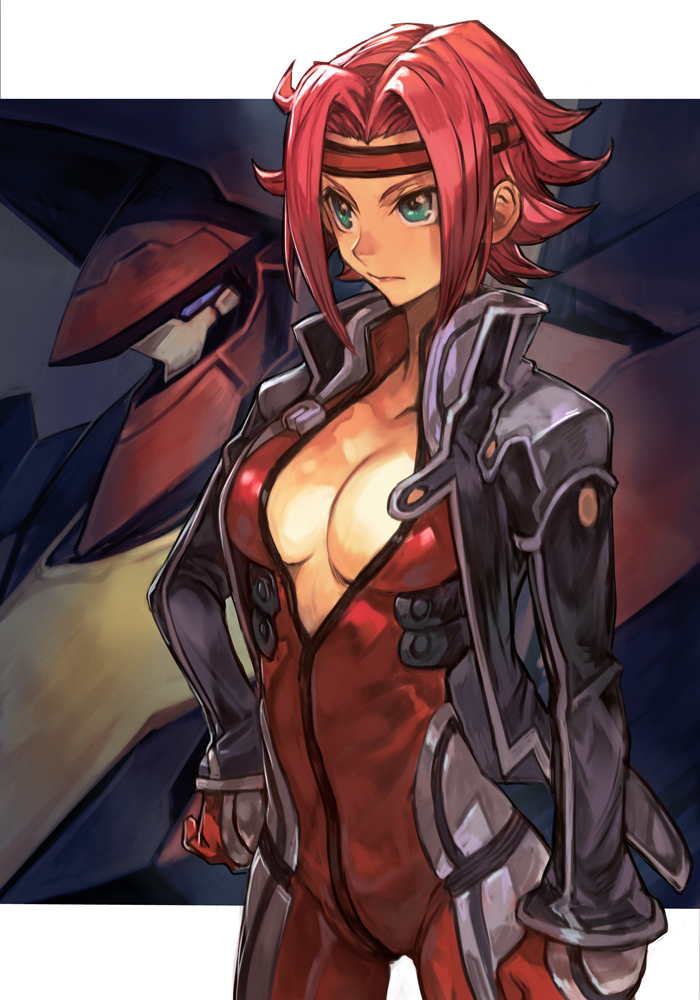 1girl black_jacket bodysuit breasts code_geass gloves green_eyes guren_seiten hankuri headband hankuri jacket kallen_stadtfeld mecha medium_breasts pilot_suit red_bodysuit red_gloves redhead serious short_hair spiky_hair traditional_media