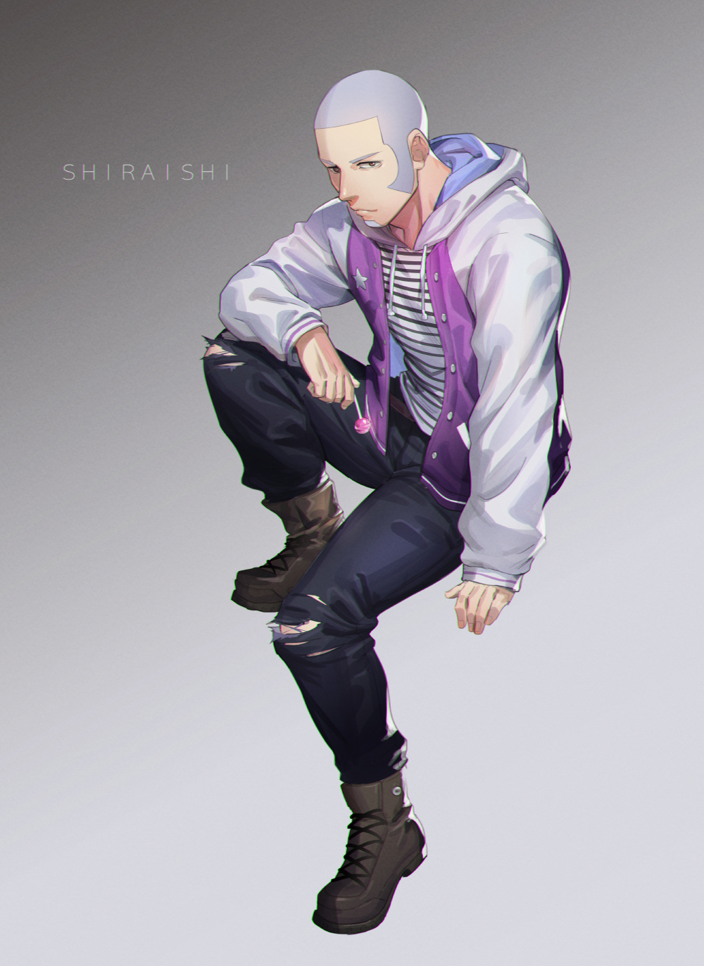 1boy alternate_costume black_pants blue_eyes brown_footwear buzz_cut casual expressionless facial_hair foxvulpine full_body goatee golden_kamuy grey_hair highres hood hoodie long_sleeves male_focus open_clothes open_hoodie pants shiraishi_yoshitake shirt short_hair sideburns sitting solo striped striped_shirt torn_clothes torn_pants very_short_hair