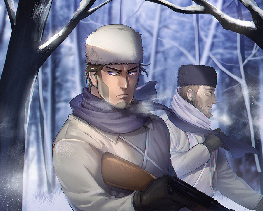 2boys beard black_gloves blue_eyes breath brown_hair coat expressionless facial_hair fighting_stance foxvulpine gloves golden_kamuy gun male_focus multiple_boys purple_scarf rifle scarf serious simple_background sniper_rifle snow tree_branch upper_body vasily_(golden_kamuy) weapon white_coat winter_clothes