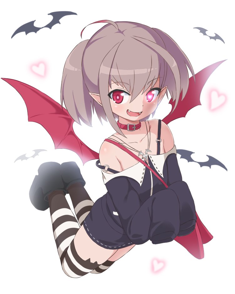 1girl bat bat_wings black_footwear black_jacket boots bubukka collar collarbone fangs full_body grey_hair heart jacket jewelry looking_at_viewer makaino_ririmu nijisanji open_mouth pendant red_collar short_hair simple_background sleeves_past_fingers sleeves_past_wrists smile solo striped striped_legwear thigh-highs twintails virtual_youtuber white_background wings