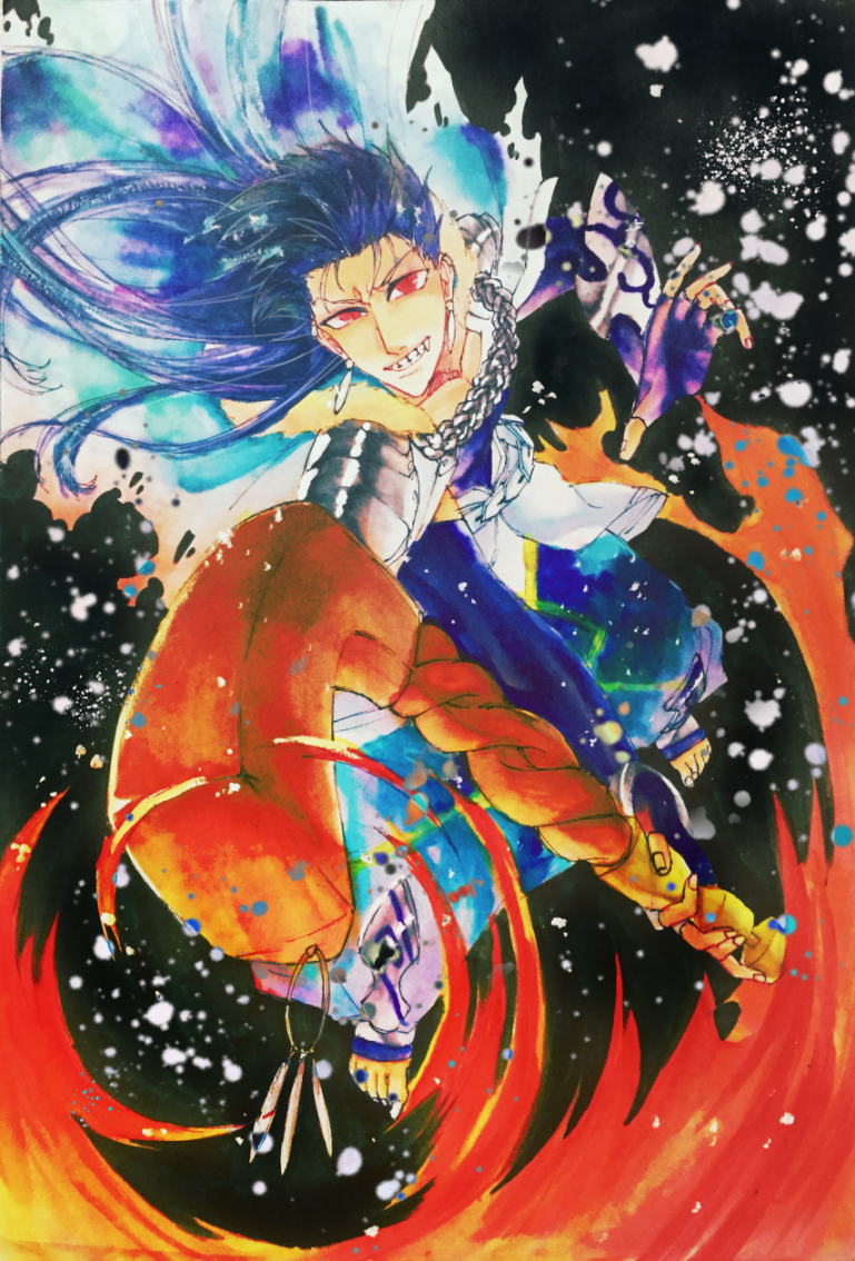 1boy armor blue_hair capelet cu_chulainn_(fate)_(all) cu_chulainn_(fate/grand_order) earrings fang fate/grand_order fate_(series) fire from_above fur-trimmed_hood fur_trim grin harem_pants hkhk_onsn holding holding_staff hood hood_down hooded_capelet jewelry long_hair male_focus marker_(medium) pants pauldrons red_eyes shoulder_armor smile solo spiky_hair staff toeless_legwear traditional_media type-moon vambraces wooden_staff