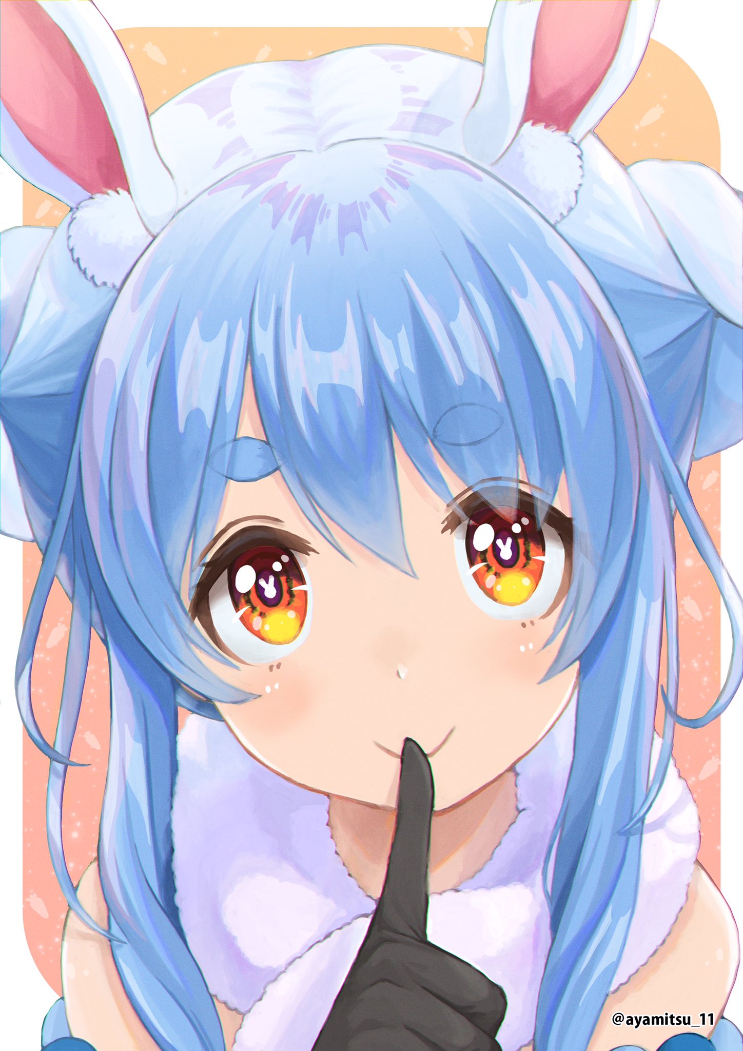 1girl animal_ear_fluff animal_ears bare_shoulders blue_hair blush braid bunny-shaped_pupils closed_mouth don-chan_(usada_pekora) eyebrows_visible_through_hair finger_to_mouth hand_up highres hololive looking_at_viewer mitsuzaki_aya_(artist) orange_eyes rabbit_ears scarf short_eyebrows shushing smile solo thick_eyebrows twin_braids twitter_username upper_body usada_pekora