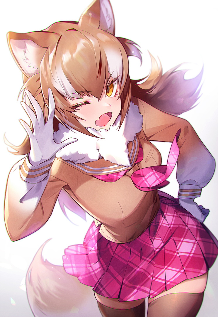1girl animal_ears blush brown_hair brown_legwear brown_sweater commentary_request cowboy_shot eyebrows_visible_through_hair fang fur_collar gloves hasumikaoru japanese_wolf_(kemono_friends) kemono_friends kemono_friends_3 long_hair long_sleeves multicolored_hair neckerchief one_eye_closed open_mouth plaid_neckwear pleated_skirt purple_neckwear purple_skirt sailor_collar school_uniform serafuku skirt solo sweater tail thigh-highs white_fur white_gloves white_hair wolf_ears wolf_girl wolf_tail yellow_eyes zettai_ryouiki