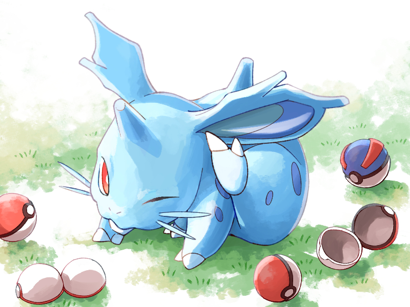 bright_pupils claws commentary_request fang full_body grass great_ball looking_at_viewer mukiguri nidoran nidoran_(female) one_eye_closed orange_eyes outdoors poke_ball poke_ball_(basic) pokemon premier_ball scratching white_pupils