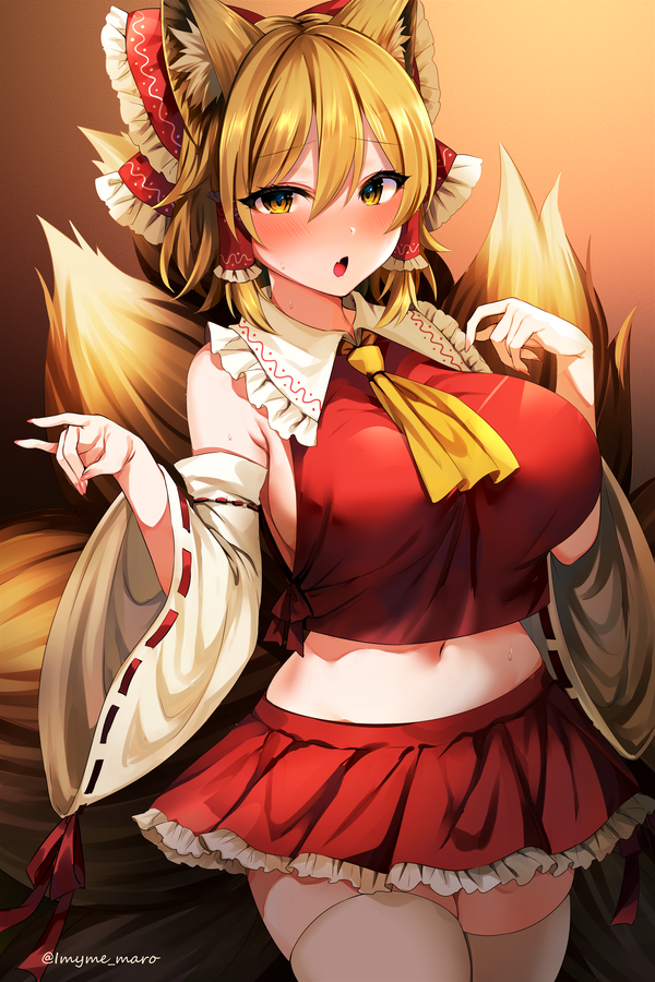 1girl animal_ear_fluff animal_ears artist_name ascot bangs bare_shoulders blonde_hair blush bow breasts brown_background commentary_request cosplay cowboy_shot crop_top detached_sleeves eyebrows_visible_through_hair fox_ears frilled_bow frilled_shirt_collar frills gradient gradient_background hair_between_eyes hair_bow hair_tubes hakurei_reimu hakurei_reimu_(cosplay) large_breasts long_sleeves looking_at_viewer marota midriff miniskirt navel open_mouth petticoat pleated_skirt red_bow red_skirt ribbon-trimmed_sleeves ribbon_trim short_hair skirt skirt_set solo standing thigh-highs thighs touhou twitter_username white_legwear wide_sleeves yakumo_ran yellow_eyes yellow_neckwear