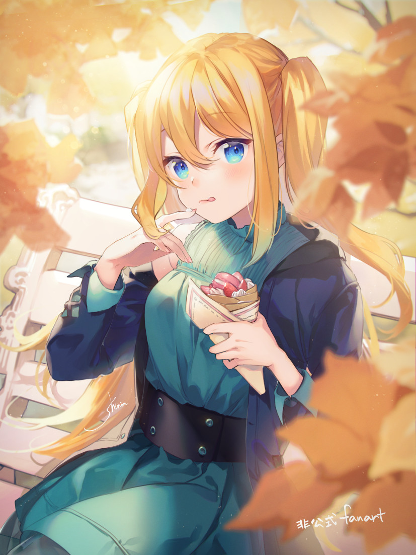 1girl aizawa_hikaru autumn_leaves bangs bare_shoulders belt bench black_belt blonde_hair blue_eyes blue_jacket blurry blurry_background campaign_girl commentary_request crepe depth_of_field dress eyebrows_visible_through_hair food food_on_finger fruit green_dress hair_between_eyes hands_up holding holding_food jacket licking_lips long_hair microsoft off_shoulder on_bench open_clothes open_jacket park_bench shinia silverlight sitting sleeveless sleeveless_dress solo strawberry tongue tongue_out twintails very_long_hair