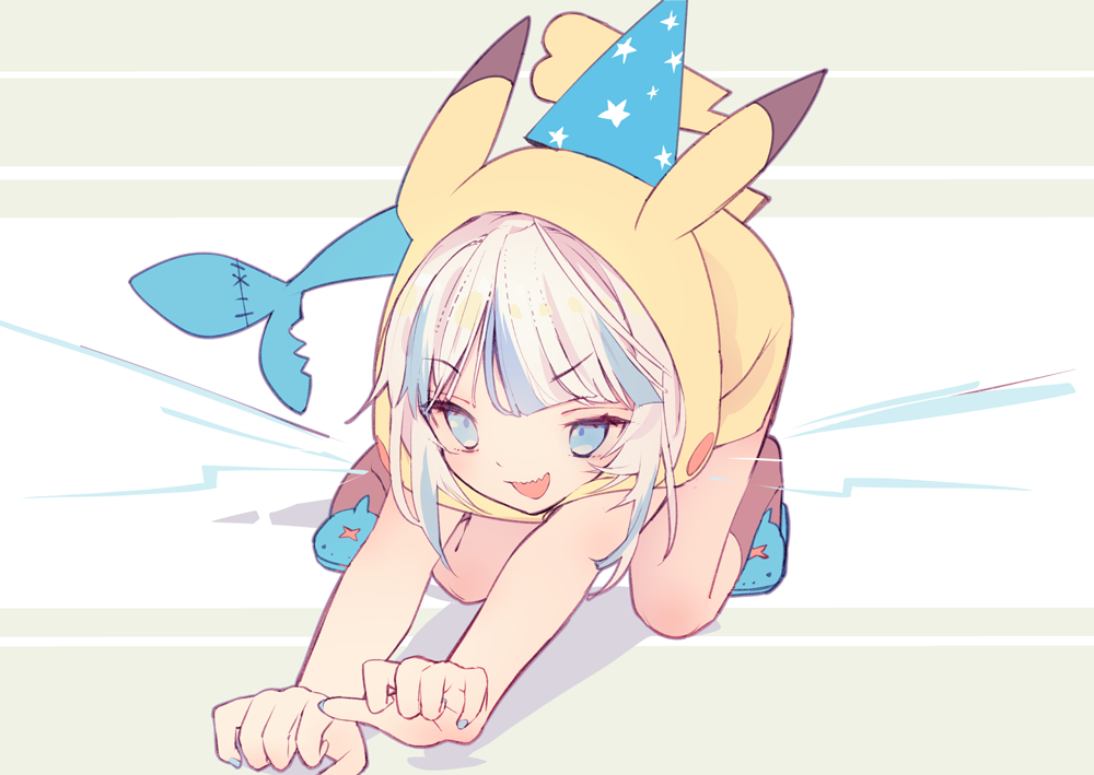 1girl blue_eyes blue_hair blue_nails cosplay fish_tail gawr_gura hat hololive hololive_english hood multicolored_hair nail_polish open_mouth party_hat pikachu_costume saya_(sayaya) shark_tail sharp_teeth solo streaked_hair tail teeth virtual_youtuber