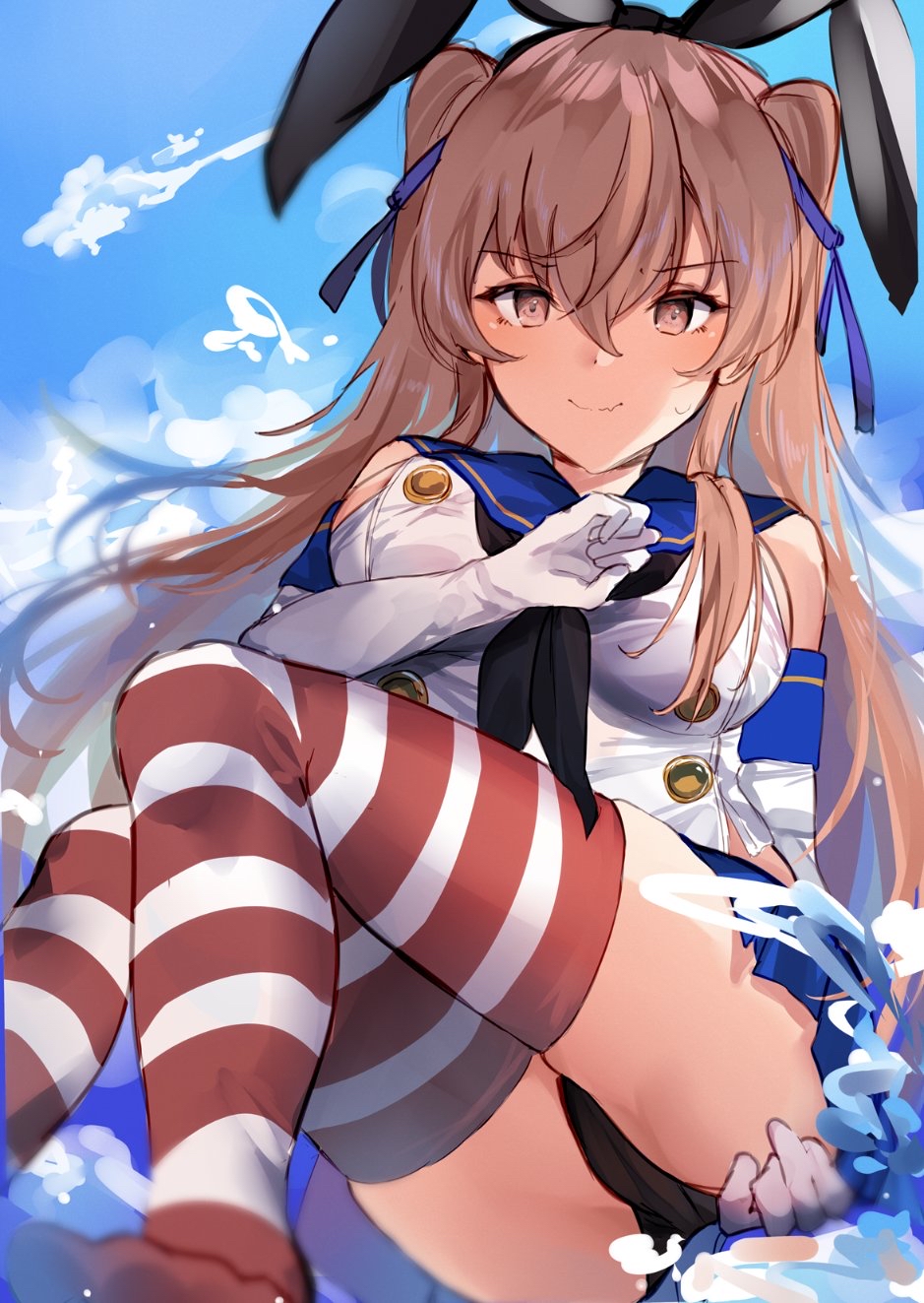 1girl black_hairband black_panties blue_skirt blue_sky breasts brown_eyes clouds cosplay crop_top elbow_gloves embarrassed eyebrows_visible_through_hair gloves hairband highleg highleg_panties highres johnston_(kantai_collection) kantai_collection light_brown_hair long_hair medium_breasts microskirt miniskirt miyasaka_miyabi outdoors panties sailor_collar shimakaze_(kantai_collection) shimakaze_(kantai_collection)_(cosplay) sitting skirt sky solo striped striped_legwear thigh-highs two_side_up underwear wavy_mouth white_gloves