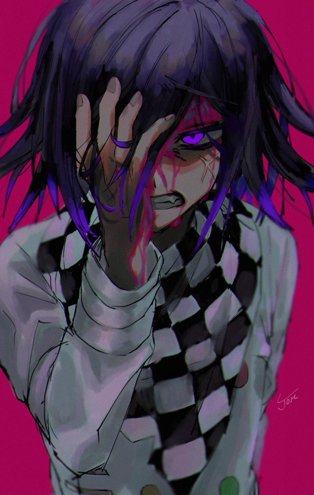 1boy anger_vein bangs blood blood_on_face checkered checkered_neckwear checkered_scarf clenched_teeth dangan_ronpa gradient_hair hair_between_eyes hand_in_hair hand_on_own_face highres joh_pierrot long_sleeves male_focus multicolored_hair new_dangan_ronpa_v3 ouma_kokichi pink_background purple_hair scarf signature simple_background solo straitjacket teeth upper_body violet_eyes