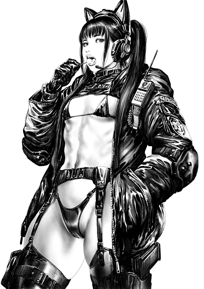 1girl animal_ears azazel1944 badge bikini candy covered_nipples fake_animal_ears food garter_belt gloves greyscale hand_in_pocket headphones holding holding_candy holding_food holster holstered_weapon jacket lollipop long_hair micro_bikini monochrome navel open_clothes open_jacket open_mouth original pouch realistic revealing_clothes saliva saliva_trail simple_background solo swimsuit teeth tongue tongue_out twintails uniform upper_teeth walkie-talkie watch white_background zipper zipper_pull_tab