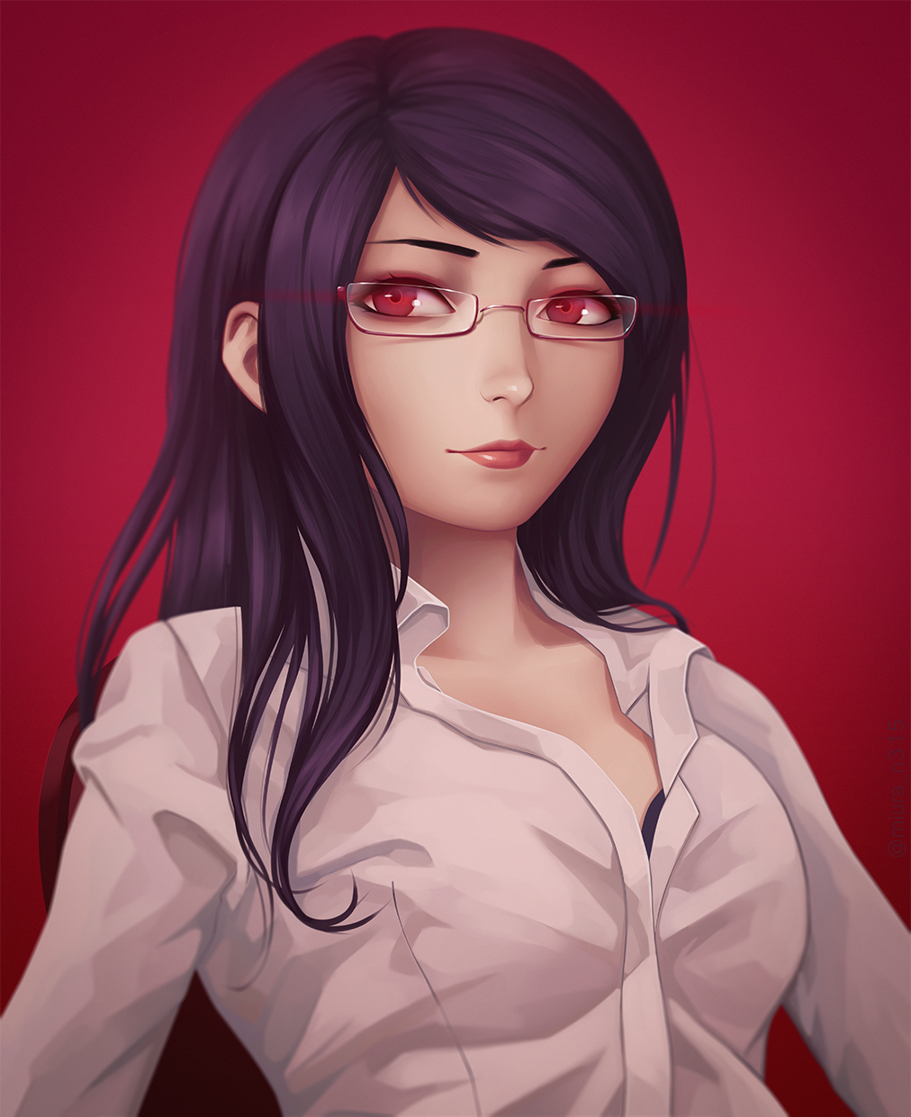 1girl breasts closed_mouth english_commentary glasses highres kamishiro_rize lipstick long_hair looking_at_viewer makeup miura-n315 purple_hair red_eyes semi-rimless_eyewear shirt simple_background solo tokyo_ghoul