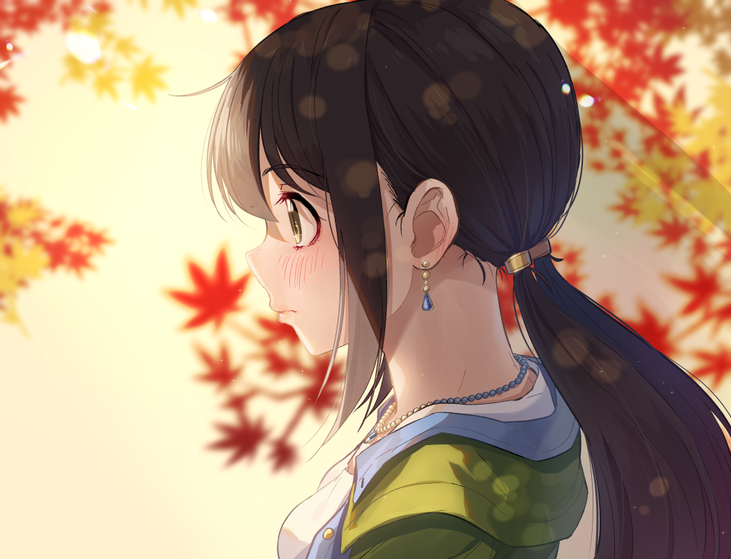 1girl autumn_leaves black_hair blush earrings embarrassed green_eyes idolmaster idolmaster_cinderella_girls jewelry kamille_(vcx68) leaf long_hair maple_leaf nakano_yuka nape necklace profile solo twintails upper_body