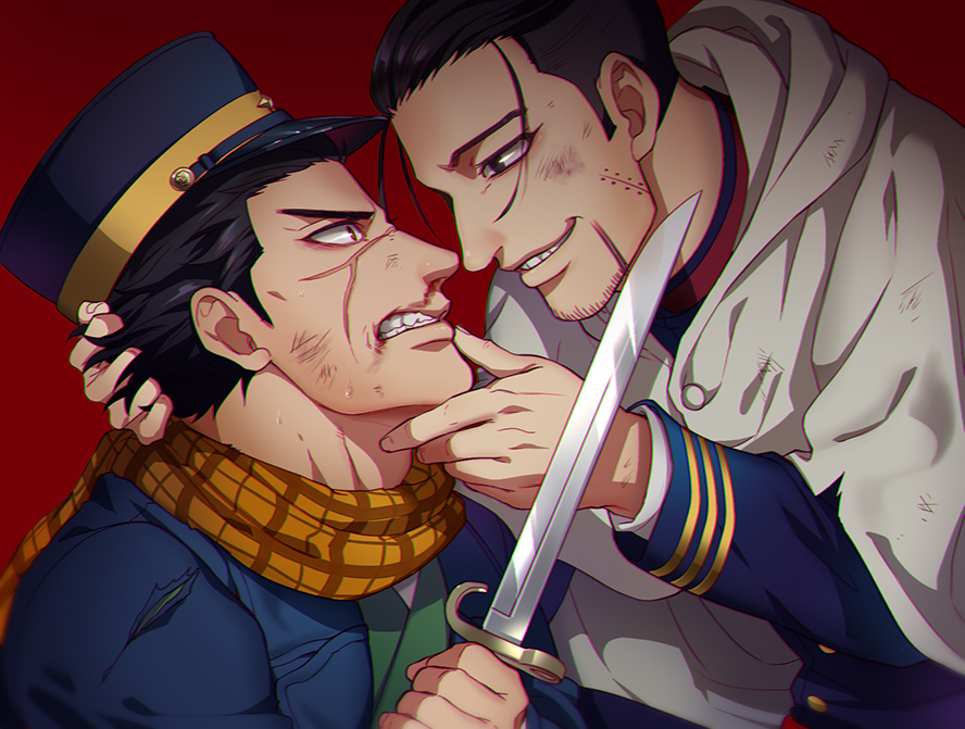 2boys black_eyes black_hair blood dagger dirty dirty_face eye_contact face-to-face foxvulpine from_side golden_kamuy hair_slicked_back hair_strand hand_on_another's_face hand_on_another's_head holding holding_dagger holding_weapon looking_at_another male_focus multiple_boys nosebleed ogata_hyakunosuke simple_background smile sugimoto_saichi teeth torn_jacket undercut upper_body weapon