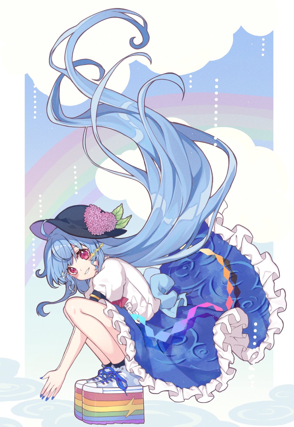 1girl absurdly_long_hair black_headwear black_legwear blue_hair blue_nails blue_skirt clouds commentary_request flower frilled_skirt frills full_body grin hat hat_flower heart highres hinanawi_tenshi kyouda_suzuka lightning_bolt long_hair looking_at_viewer own_hands_together platform_footwear puddle rainbow red_eyes ripples shirt shoes short_sleeves skirt smile sneakers socks solo squatting touhou very_long_hair white_footwear white_shirt