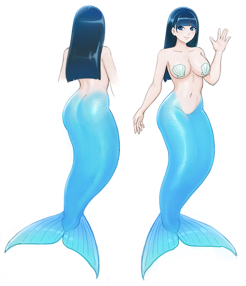 blue_hair breasts fish_tail hime_cut idol kiria_ai long_hair looking_at_viewer mermaid monster_girl navel original scales shell shell_bikini tail waving