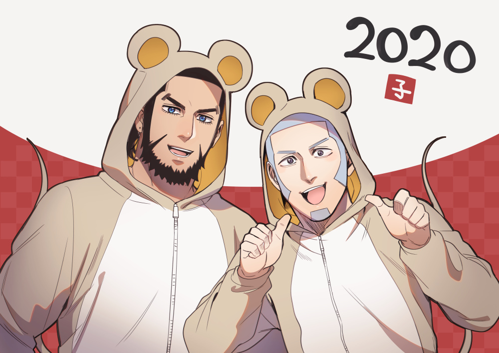 2020 2boys :d alternate_costume animal_ears beard black_hair blue_eyes buzz_cut casual chinese_new_year couple facial_hair foxvulpine goatee golden_kamuy grey_hair kiroranke male_focus mouse_boy mouse_ears mouse_tail multiple_boys open_mouth pointing pointing_at_self shiraishi_yoshitake short_hair sideburns smile tail upper_body very_short_hair