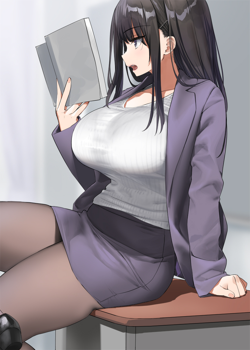1girl arm_support black_hair black_legwear blazer book breasts commentary_request eyebrows_visible_through_hair holding holding_book jacket kaisen_chuui large_breasts long_sleeves looking_away medium_breasts open_mouth original pantyhose purple_jacket purple_skirt sitting sitting_on_table skirt solo table teacher