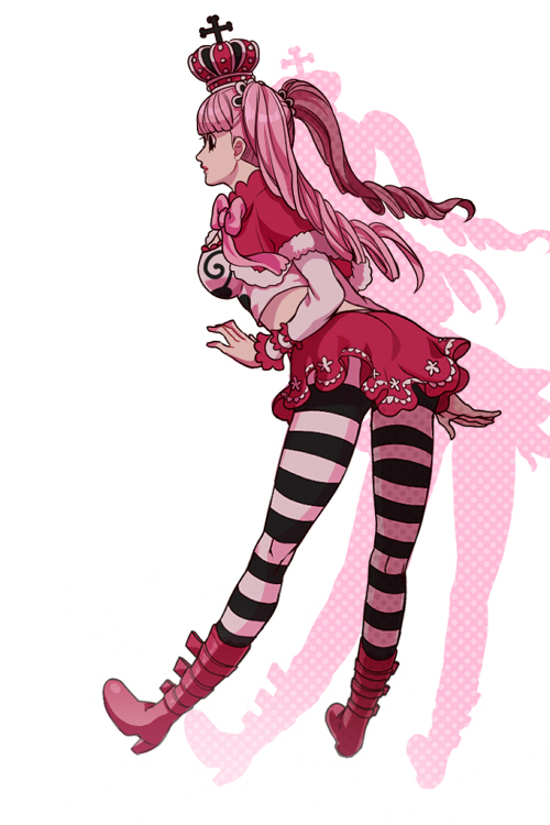 1girl black_eyes boots breasts capelet crown drill_hair female floating foxvulpine from_behind full_body fur-trimmed_capelet fur_trim long_hair looking_to_the_side makeup midriff one_piece pantyhose perona pink_hair solo striped striped_legwear striped_pantyhose thigh-highs twintails