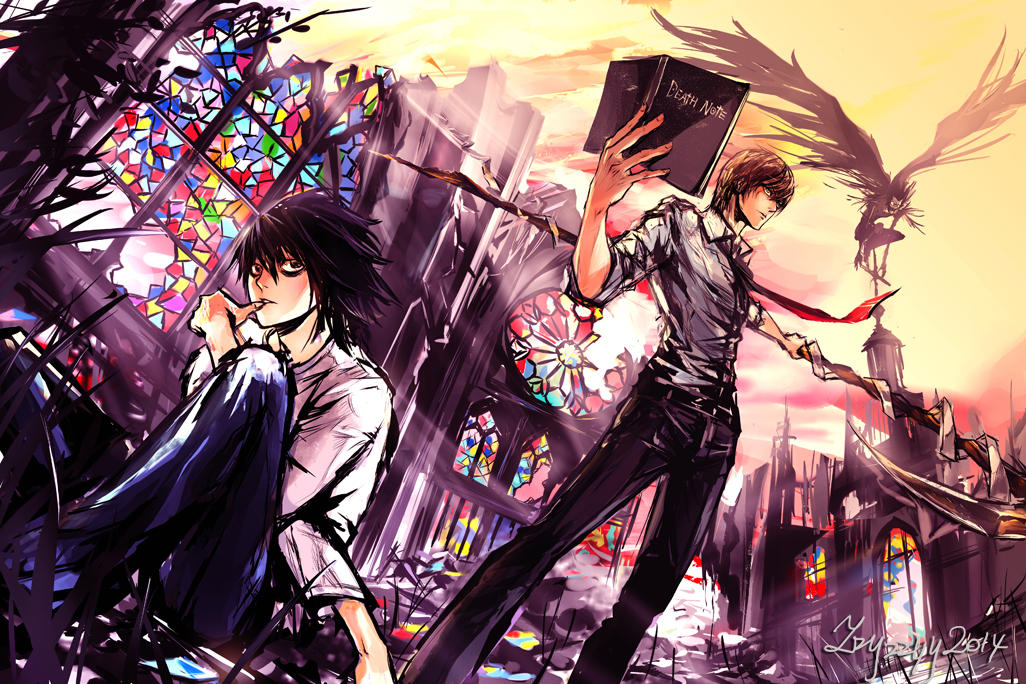 3boys bangs black_hair black_pants blue_pants broken_window brown_hair church closed_mouth clouds collared_shirt commentary day death_note death_note_(object) dutch_angle english_commentary english_text floating_necktie hair_between_eyes holding holding_notebook holding_scythe l_(death_note) long_sleeves looking_to_the_side male_focus multiple_boys necktie notebook orange_sky pants parted_lips red_neckwear ryuk school_uniform scythe shinigami shirt short_hair signature sitting sky sleeves_rolled_up stained_glass standing thumb_to_mouth white_shirt window wings yagami_light zzyzzyy